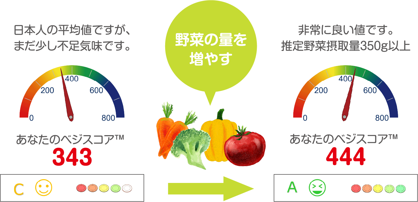 日本人の平均値ですが、まだ少し不足気味です。野菜の量を増やす→非常に良い値です。推定野菜摂取量350g以上